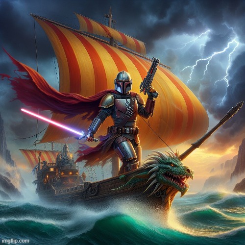 Mandalorian on a pirate ship in Star Wars | image tagged in star wars,pirate,mandalorian | made w/ Imgflip meme maker