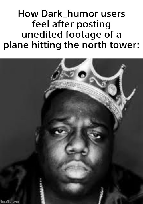 King Biggie Smalls | How Dark_humor users feel after posting unedited footage of a plane hitting the north tower: | image tagged in king biggie smalls | made w/ Imgflip meme maker