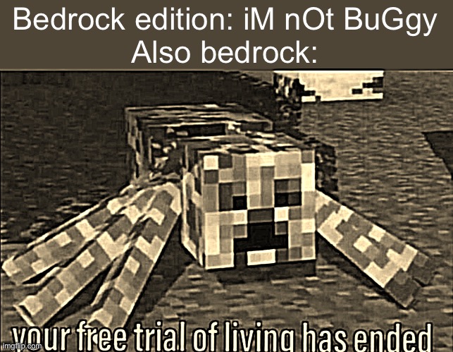 No fights in comments | Bedrock edition: iM nOt BuGgy
Also bedrock: | image tagged in your free trial of living has ended | made w/ Imgflip meme maker