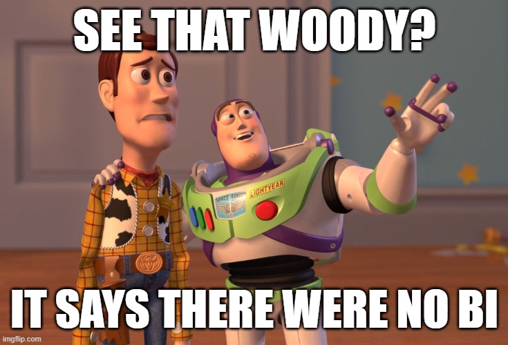 X, X Everywhere Meme | SEE THAT WOODY? IT SAYS THERE WERE NO BI | image tagged in memes,x x everywhere | made w/ Imgflip meme maker