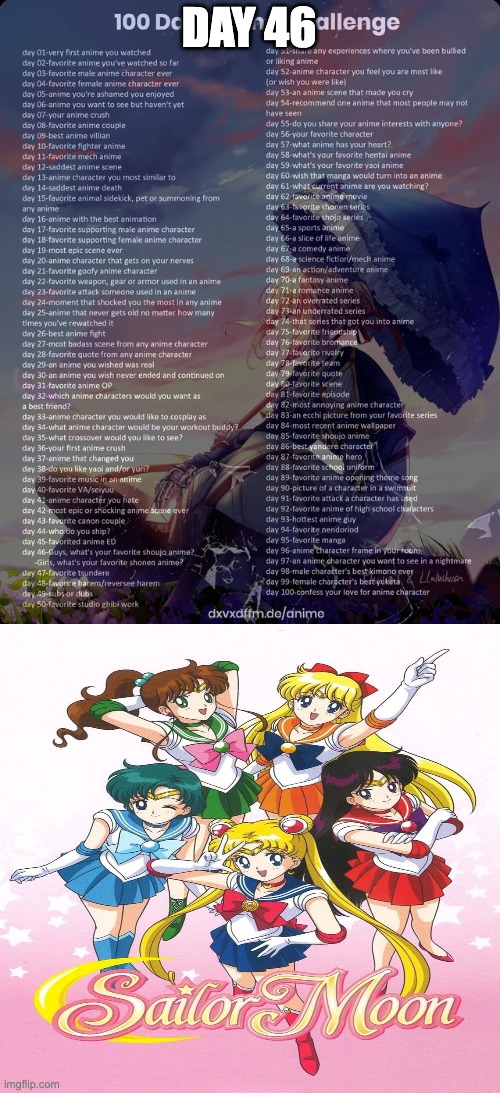 Day 46: Sailor Moon | DAY 46 | image tagged in 100 day anime challenge | made w/ Imgflip meme maker