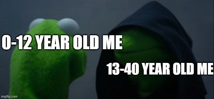 Evil Kermit | 0-12 YEAR OLD ME; 13-40 YEAR OLD ME | image tagged in memes,evil kermit | made w/ Imgflip meme maker