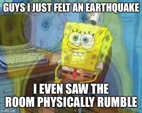 it happened a few minutes ago but its still got me on edge | GUYS I JUST FELT AN EARTHQUAKE; I EVEN SAW THE ROOM PHYSICALLY RUMBLE | image tagged in spongebob panic inside | made w/ Imgflip meme maker