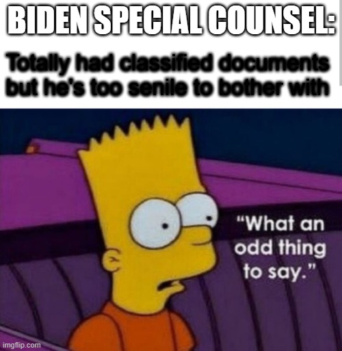 Biden classified documents scandal | BIDEN SPECIAL COUNSEL:; Totally had classified documents but he's too senile to bother with | image tagged in bart what an odd thing to say,biden | made w/ Imgflip meme maker
