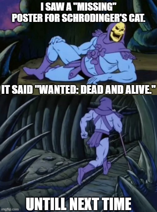 The magic of theoretical science | I SAW A "MISSING" POSTER FOR SCHRODINGER'S CAT. IT SAID "WANTED: DEAD AND ALIVE."; UNTILL NEXT TIME | image tagged in disturbing facts skeletor | made w/ Imgflip meme maker