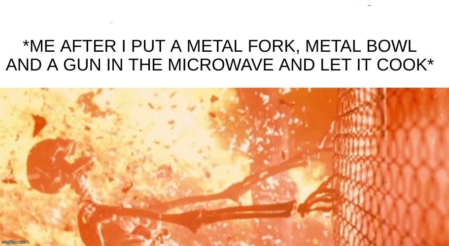 *ME AFTER I PUT A METAL FORK, METAL BOWL AND A GUN IN THE MICROWAVE AND LET IT COOK* | made w/ Imgflip meme maker