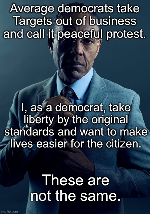 Democrats | Average democrats take Targets out of business and call it peaceful protest. I, as a democrat, take liberty by the original standards and want to make lives easier for the citizen. These are not the same. | image tagged in gus fring we are not the same | made w/ Imgflip meme maker