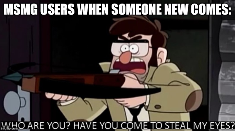 Who are you? Have you come to steal my eyes? | MSMG USERS WHEN SOMEONE NEW COMES: | image tagged in who are you have you come to steal my eyes | made w/ Imgflip meme maker