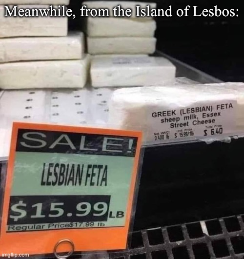 Lesbos | Meanwhile, from the Island of Lesbos: | image tagged in cheese,lesbian,lesbian problems | made w/ Imgflip meme maker