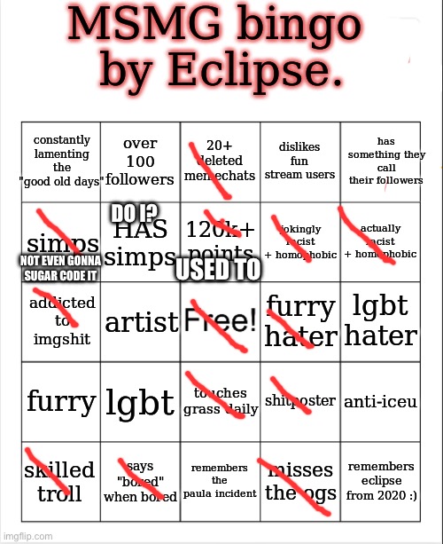 msmg bingo by eclipse | DO I? NOT EVEN GONNA SUGAR CODE IT; USED TO | image tagged in msmg bingo by eclipse | made w/ Imgflip meme maker