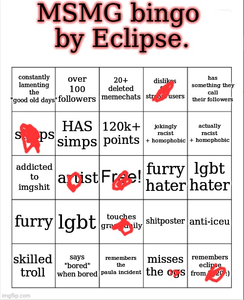 Yall find out who I simp for | image tagged in msmg bingo by eclipse | made w/ Imgflip meme maker