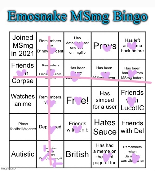 e | image tagged in emosnake msmg bingo | made w/ Imgflip meme maker
