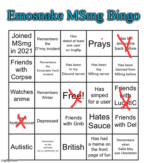Emosnake MSmg Bingo | image tagged in emosnake msmg bingo | made w/ Imgflip meme maker