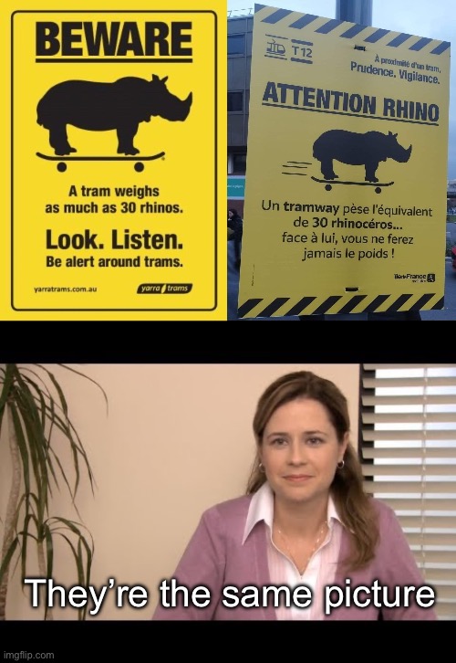 Rhinos | They’re the same picture | image tagged in they're the same picture,rhino,railroad,light,heavy | made w/ Imgflip meme maker