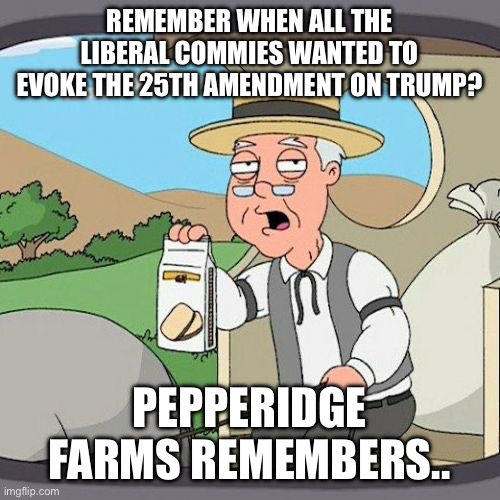 Pepperidge Farm Remembers | REMEMBER WHEN ALL THE LIBERAL COMMIES WANTED TO EVOKE THE 25TH AMENDMENT ON TRUMP? PEPPERIDGE FARMS REMEMBERS.. | image tagged in memes,pepperidge farm remembers,trump,2024 | made w/ Imgflip meme maker