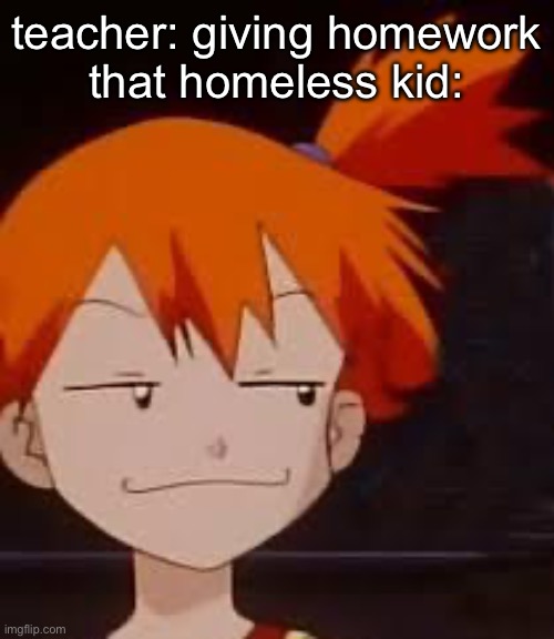 Derp Face Misty | teacher: giving homework
that homeless kid: | image tagged in derp face misty | made w/ Imgflip meme maker