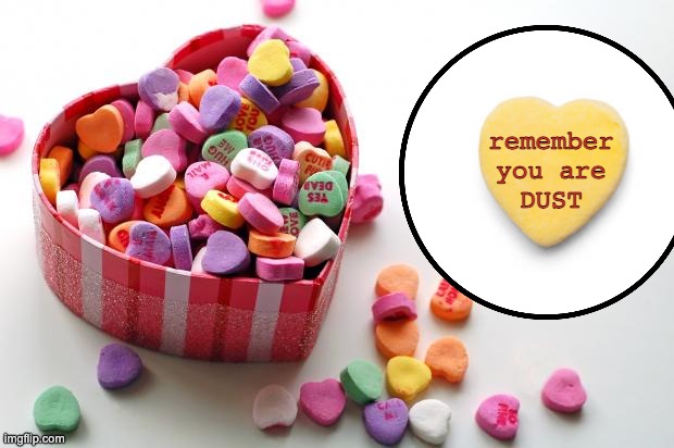 valentine conversation hearts | remember
you are
DUST | image tagged in valentine conversation hearts | made w/ Imgflip meme maker