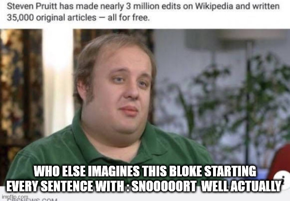 WHO ELSE IMAGINES THIS BLOKE STARTING EVERY SENTENCE WITH : SNOOOOORT  WELL ACTUALLY | made w/ Imgflip meme maker