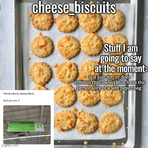 cheese_biscuits | is it just me, or does SylveonTheCowboyMon have the personality of a wet paper bag | image tagged in cheese_biscuits | made w/ Imgflip meme maker