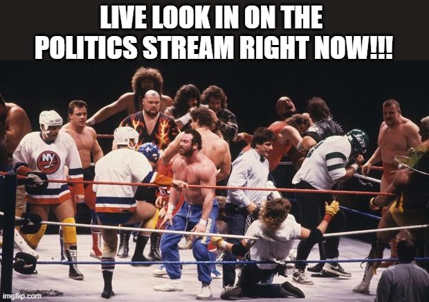 Royal rumble | LIVE LOOK IN ON THE  POLITICS STREAM RIGHT NOW!!! | image tagged in royal rumble,politics,stream,tyranny,lol | made w/ Imgflip meme maker