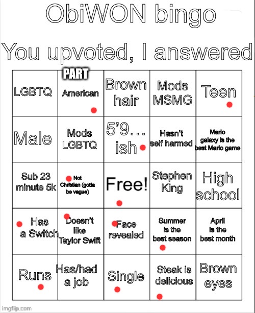 The only reason I run is to get away from my lil brother | PART | image tagged in obiwon bingo | made w/ Imgflip meme maker