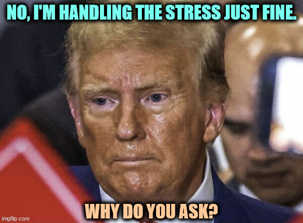 Trump's human skin shales off, revealing the alien lizard hide beneath. | NO, I'M HANDLING THE STRESS JUST FINE. WHY DO YOU ASK? | image tagged in trump's human skin shales off revealing the lizard hide beneath,trump,skin,foundation,makeup,too much makeup | made w/ Imgflip meme maker