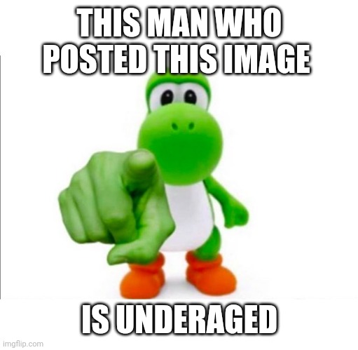 Pointing Yoshi | THIS MAN WHO POSTED THIS IMAGE IS UNDERAGED | image tagged in pointing yoshi | made w/ Imgflip meme maker