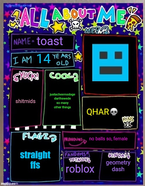 All about me! (Og temp by Jade) | toast; 14; justacheemsdoge
darthswede
so many other things; shitmids; QHAR💀; no balls so, female; straight ffs; roblox; geometry dash | image tagged in all about me og temp by jade | made w/ Imgflip meme maker