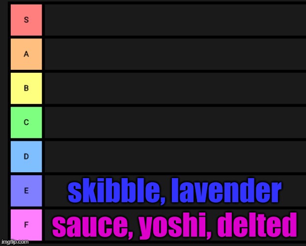 skibble is better than those three in F | skibble, lavender; sauce, yoshi, delted | image tagged in tier list | made w/ Imgflip meme maker