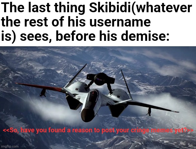 this is a title (real) | The last thing Skibidi(whatever the rest of his username is) sees, before his demise:; <<So, have you found a reason to post your cringe memes yet?>> | made w/ Imgflip meme maker