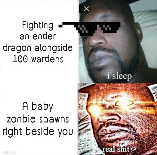 Sleeping Shaq | Fighting an ender dragon alongside 100 wardens; A baby zonbie spawns right beside you | image tagged in memes,sleeping shaq | made w/ Imgflip meme maker