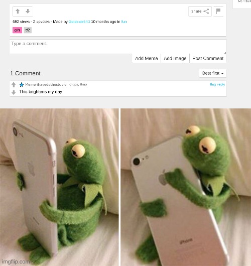somehow I just noticed this comment | image tagged in kermit hugging phone | made w/ Imgflip meme maker