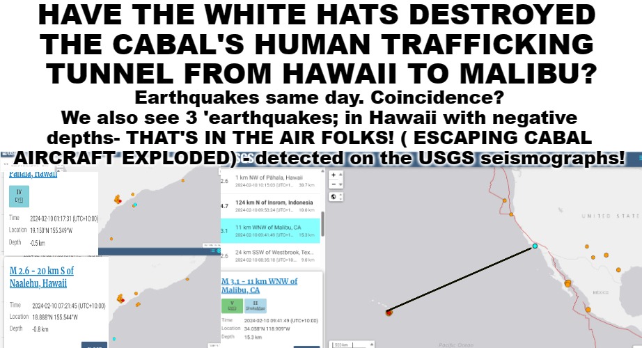 Hawaiian Earthquake | HAVE THE WHITE HATS DESTROYED 
THE CABAL'S HUMAN TRAFFICKING 
TUNNEL FROM HAWAII TO MALIBU? Earthquakes same day. Coincidence?
We also see 3 'earthquakes; in Hawaii with negative depths- THAT'S IN THE AIR FOLKS! ( ESCAPING CABAL AIRCRAFT EXPLODED) - detected on the USGS seismographs! | image tagged in hawaii,hawaiian,earthquake,seismograph,latest | made w/ Imgflip meme maker