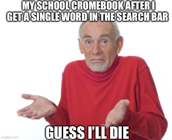I’m going to cost my school thousands of dollars of Chromebook damages | MY SCHOOL CROMEBOOK AFTER I GET A SINGLE WORD IN THE SEARCH BAR; GUESS I’LL DIE | image tagged in guess i'll die | made w/ Imgflip meme maker