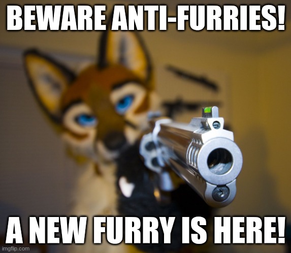 Hi guys im new! | BEWARE ANTI-FURRIES! A NEW FURRY IS HERE! | image tagged in furry with gun | made w/ Imgflip meme maker