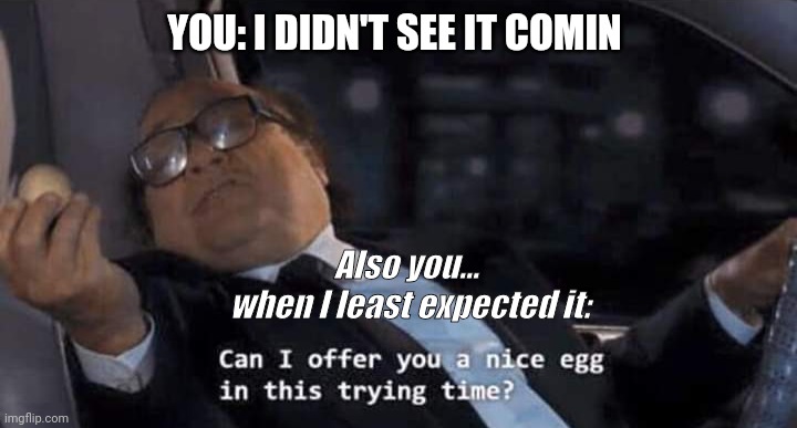 To baby momma | YOU: I DIDN'T SEE IT COMIN; Also you... 

when I least expected it: | image tagged in can i offer you a nice egg in this trying time | made w/ Imgflip meme maker