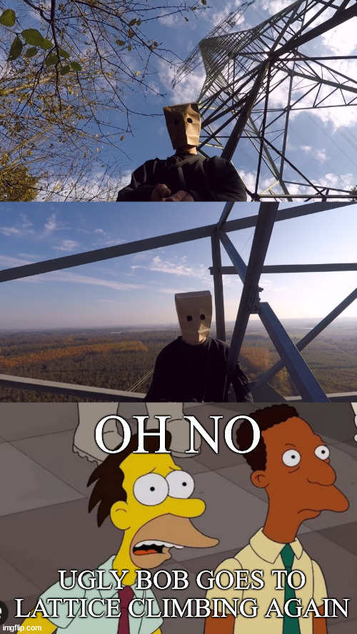 lenny and Carl meet Ugly Bob | OH NO; UGLY BOB GOES TO LATTICE CLIMBING AGAIN | image tagged in lenny and carl,south park,ugly bob,lattice climbing,baghead,template | made w/ Imgflip meme maker
