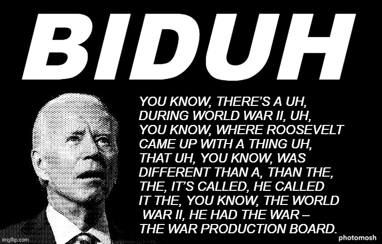 BIDUH | BIDUH; YOU KNOW, THERE’S A UH, 
DURING WORLD WAR II, UH, 
YOU KNOW, WHERE ROOSEVELT 
CAME UP WITH A THING UH, 
THAT UH, YOU KNOW, WAS 
DIFFERENT THAN A, THAN THE, 
THE, IT’S CALLED, HE CALLED 
IT THE, YOU KNOW, THE WORLD
 WAR II, HE HAD THE WAR – 
THE WAR PRODUCTION BOARD. | image tagged in biduh | made w/ Imgflip meme maker