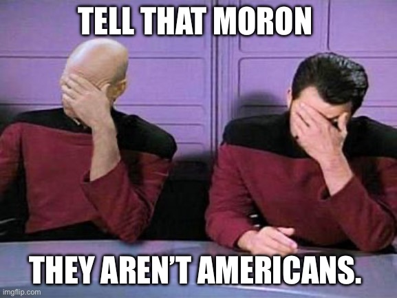 double palm | TELL THAT MORON THEY AREN’T AMERICANS. | image tagged in double palm | made w/ Imgflip meme maker