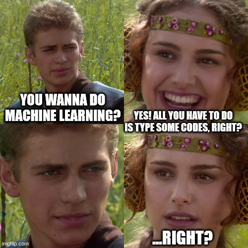 machine learning isn't just typing some codes! | YOU WANNA DO MACHINE LEARNING? YES! ALL YOU HAVE TO DO IS TYPE SOME CODES, RIGHT? ...RIGHT? | image tagged in anakin padme 4 panel | made w/ Imgflip meme maker