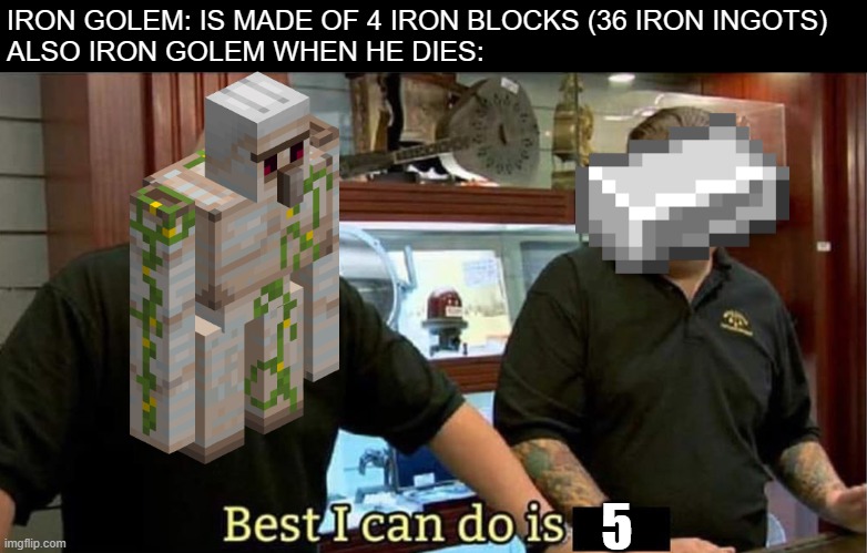 best i can do | IRON GOLEM: IS MADE OF 4 IRON BLOCKS (36 IRON INGOTS)
ALSO IRON GOLEM WHEN HE DIES:; 5 | image tagged in best i can do | made w/ Imgflip meme maker