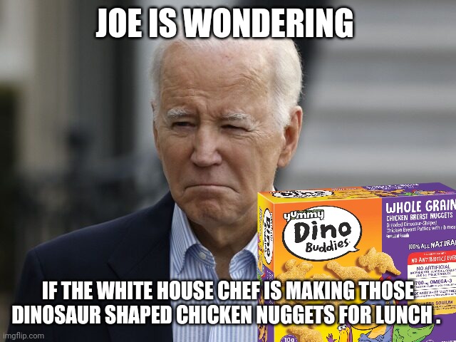 Joe biden | JOE IS WONDERING; IF THE WHITE HOUSE CHEF IS MAKING THOSE DINOSAUR SHAPED CHICKEN NUGGETS FOR LUNCH . | image tagged in joe biden | made w/ Imgflip meme maker