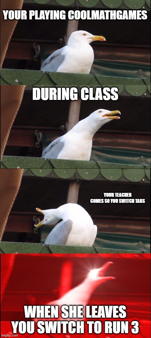 Inhaling Seagull Meme | YOUR PLAYING COOLMATHGAMES; DURING CLASS; YOUR TEACHER COMES SO YOU SWITCH TABS; WHEN SHE LEAVES YOU SWITCH TO RUN 3 | image tagged in memes,inhaling seagull | made w/ Imgflip meme maker