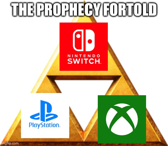 PRAISE THE CONSOLES | THE PROPHECY FORTOLD | image tagged in triforce of things | made w/ Imgflip meme maker