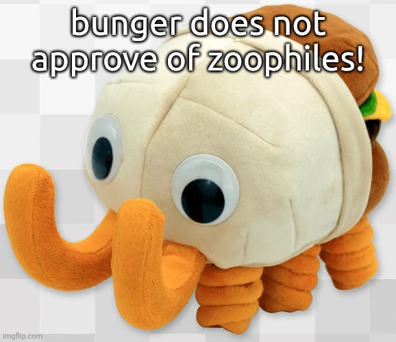 bunger plush | bunger does not approve of zoophiles! | image tagged in bunger plush | made w/ Imgflip meme maker