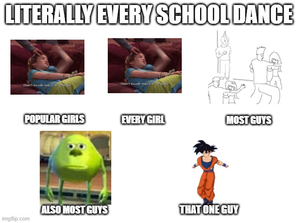 LITERALLY EVERY SCHOOL DANCE; POPULAR GIRLS; MOST GUYS; EVERY GIRL; THAT ONE GUY; ALSO MOST GUYS | image tagged in school meme,sully wazowski,don't touch me i'm famous,they don't know | made w/ Imgflip meme maker