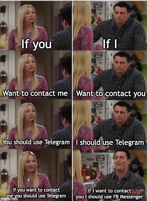 The struggle... | If you; If I; Want to contact you; Want to contact me; You should use Telegram; I should use Telegram; If you want to contact me you should use Telegram; If I want to contact you I should use FB Messenger | image tagged in phoebe joey,telegram,facebook messenger | made w/ Imgflip meme maker