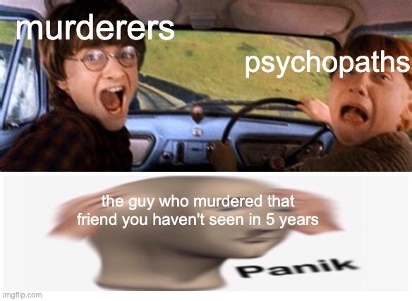 ron and harry scared (roblox) | murderers; psychopaths; the guy who murdered that friend you haven't seen in 5 years | image tagged in ron and harry potter scared,panik kalm panik,sad but true,memes,relatable memes,roblox | made w/ Imgflip meme maker