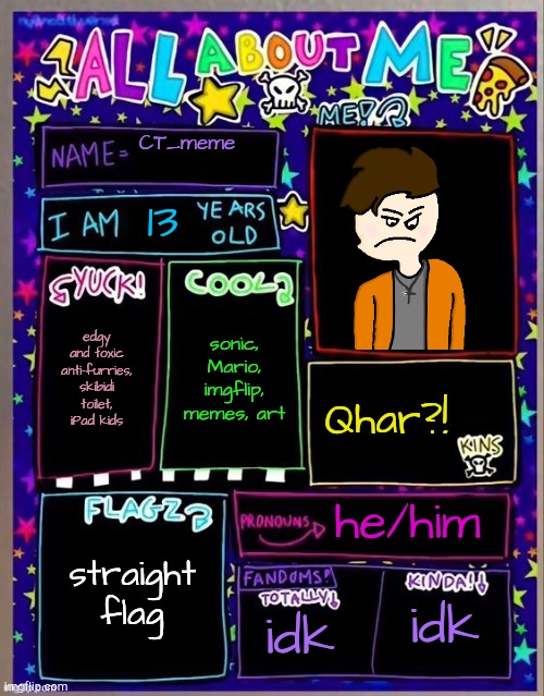 that's my OC Alex! if you see it | CT_meme; 13; sonic, Mario, imgflip, memes, art; edgy and toxic anti-furries, skibidi toilet, iPad kids; Qhar?! he/him; straight flag; idk; idk | image tagged in all about me og temp by jade,bio | made w/ Imgflip meme maker