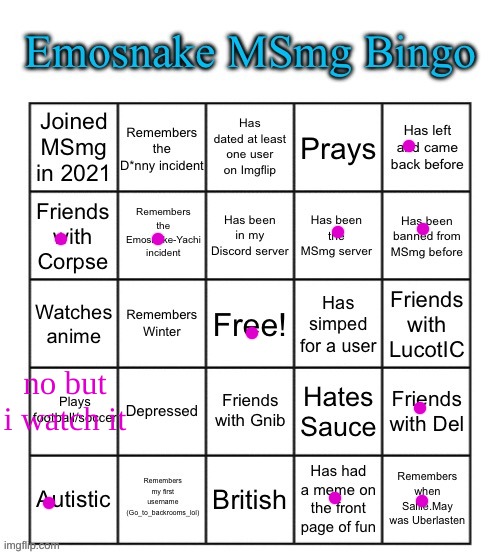 help i have remedy stuck in my head | no but i watch it | image tagged in emosnake msmg bingo | made w/ Imgflip meme maker